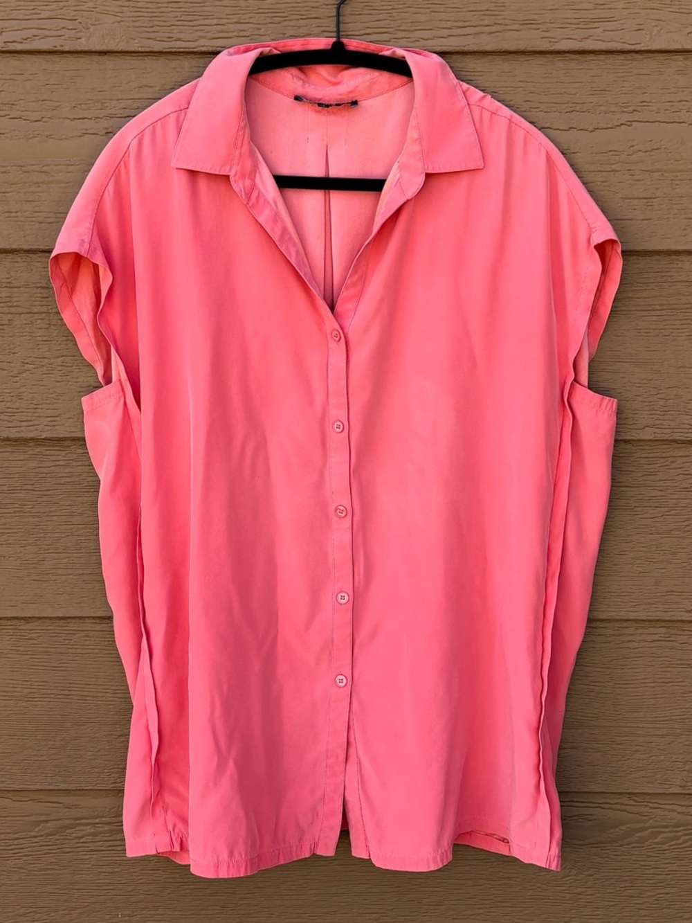 Lafayette 148 New York 100% Silk Coral Pink Short-Sleeve Button Down -Sz L